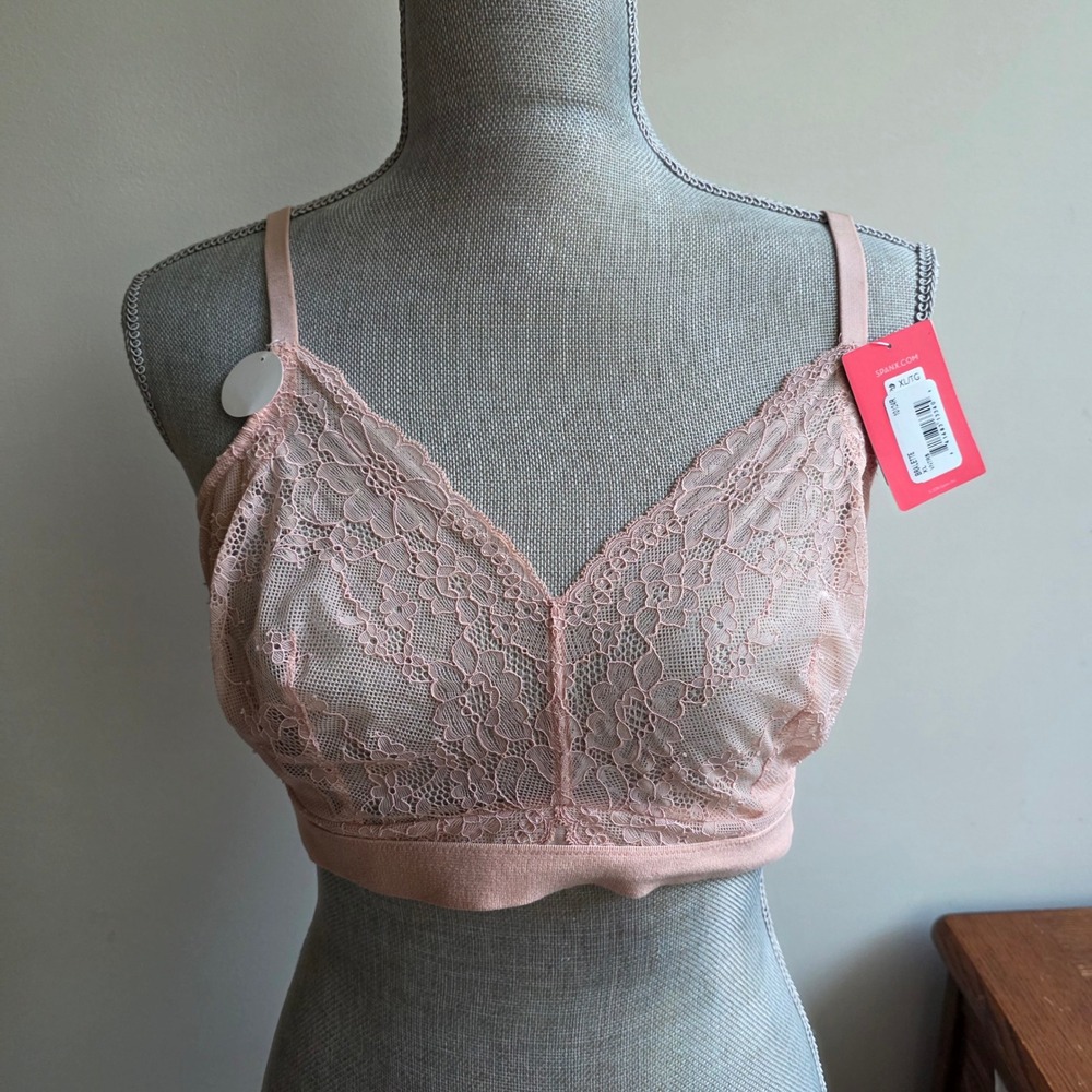 Spanx Limited Edition Lace Bralette XL Pink Floral Mesh Wireless Bra Coquette